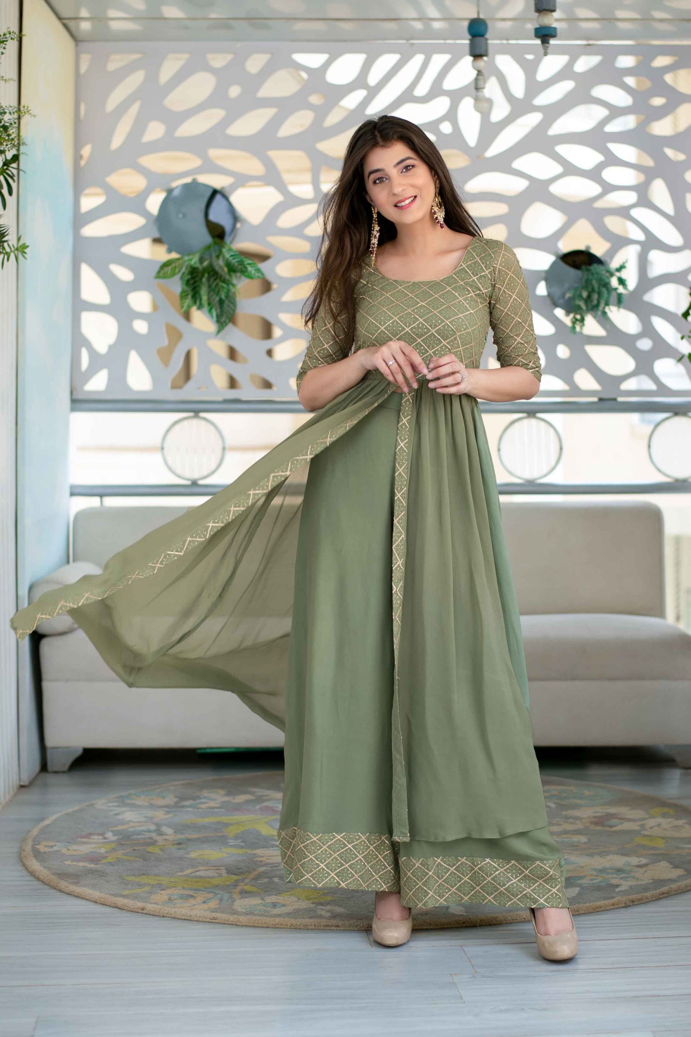 Indo Western Dress Online | Buy Bottle Green Indo-Western Ethnic Dress